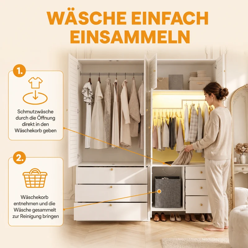 Armoire blanche style moderne, panier à linge, LED et 6 tiroirs 180x50x200cm AMBERSCREEN