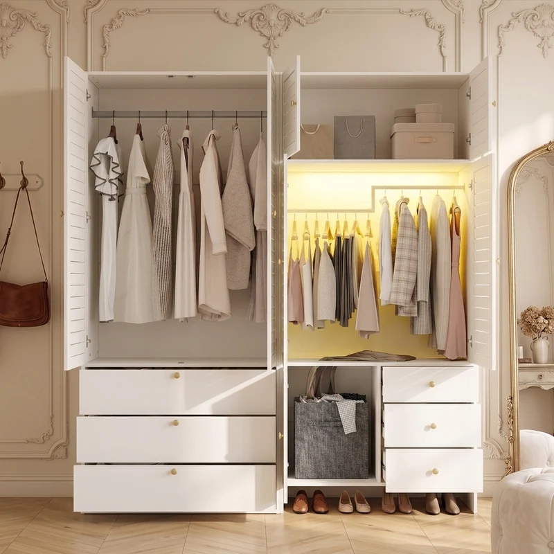 Armoire blanche style moderne, panier à linge, LED et 6 tiroirs 180x50x200cm AMBERSCREEN