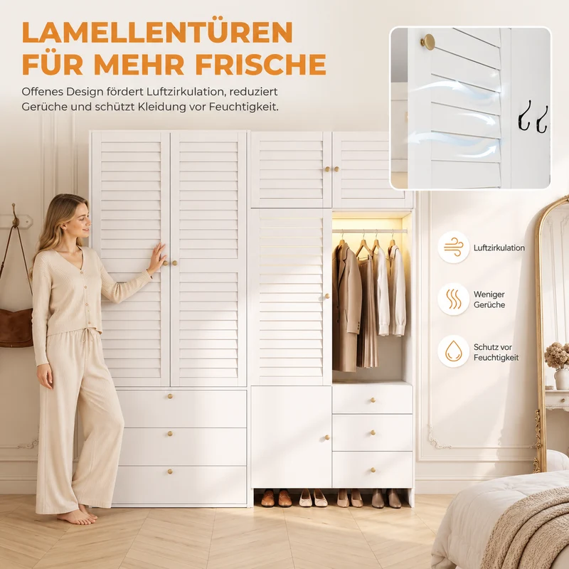 Armoire blanche style moderne, panier à linge, LED et 6 tiroirs 180x50x200cm AMBERSCREEN