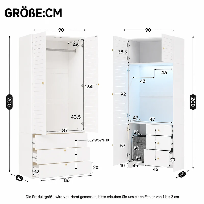 Armoire blanche style moderne, panier à linge, LED et 6 tiroirs 180x50x200cm AMBERSCREEN