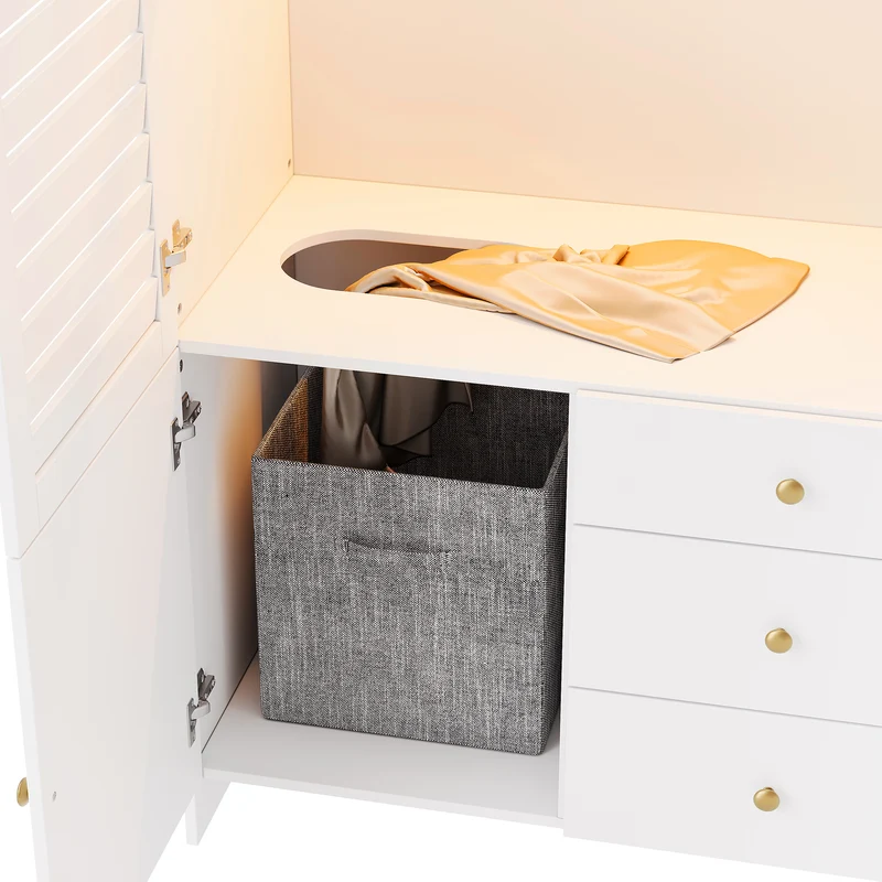 Armoire blanche style moderne, panier à linge, LED et 6 tiroirs 180x50x200cm AMBERSCREEN