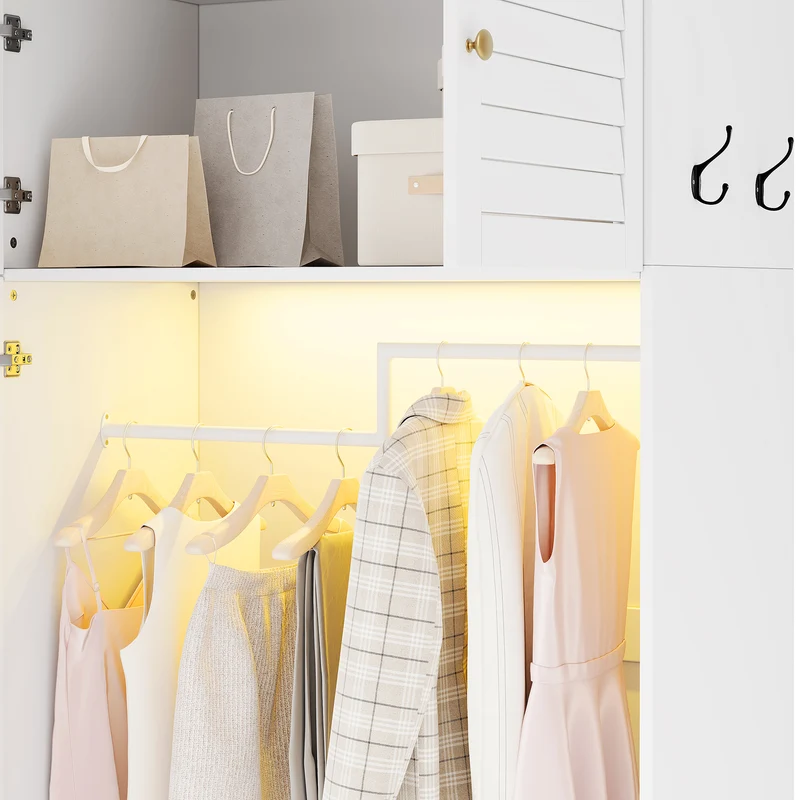 Armoire blanche style moderne, panier à linge, LED et 6 tiroirs 180x50x200cm AMBERSCREEN