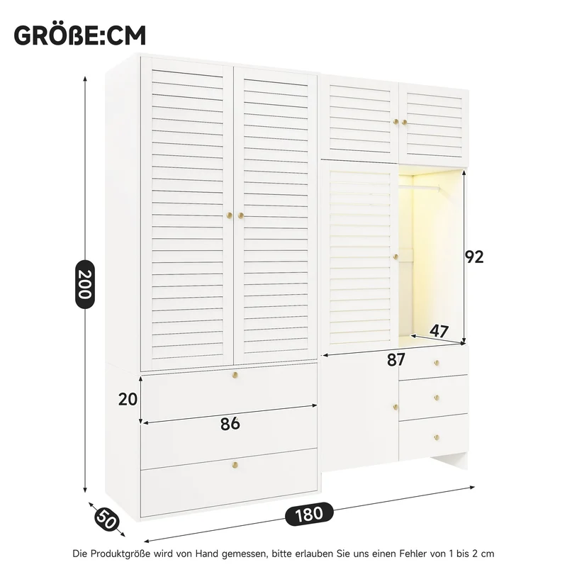 Armoire blanche style moderne, panier à linge, LED et 6 tiroirs 180x50x200cm AMBERSCREEN
