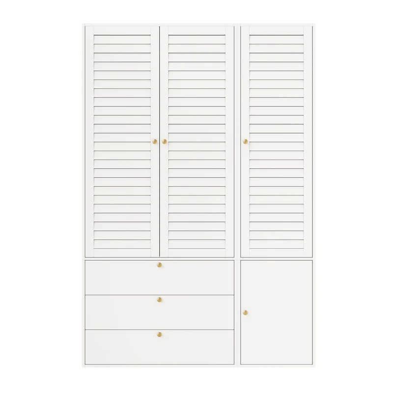 Armoire 3 portes à persiennes blanche, penderies et 3 tiroirs 135x50x200cm AMBERSOFA