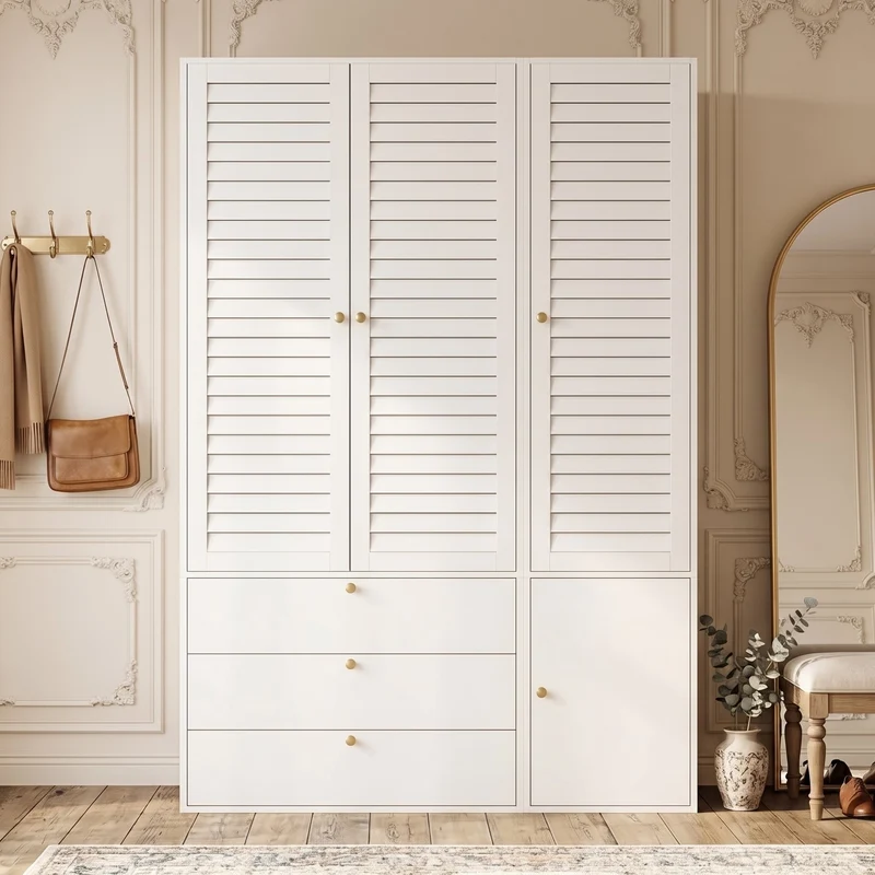 Armoire 3 portes à persiennes blanche, penderies et 3 tiroirs 135x50x200cm AMBERSOFA