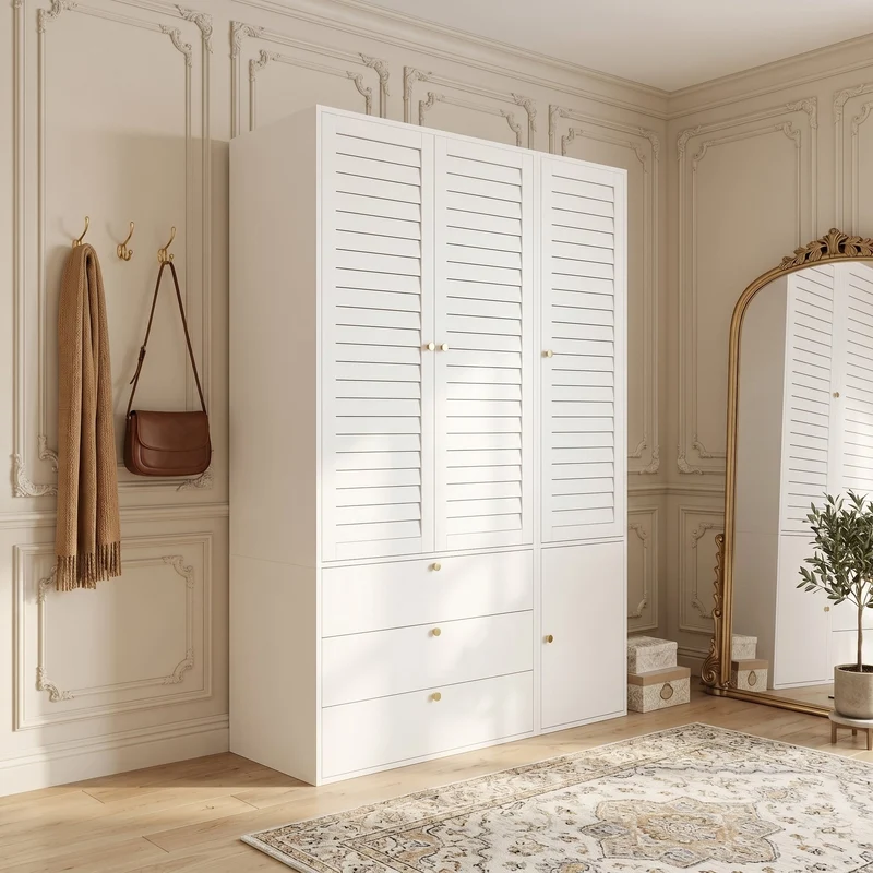 Armoire 3 portes à persiennes blanche, penderies et 3 tiroirs 135x50x200cm AMBERSOFA