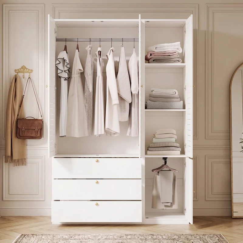 Armoire 3 portes à persiennes blanche, penderies et 3 tiroirs 135x50x200cm AMBERSOFA