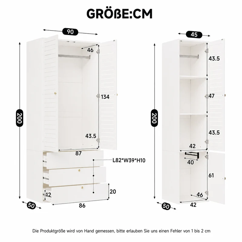 Armoire 3 portes à persiennes blanche, penderies et 3 tiroirs 135x50x200cm AMBERSOFA