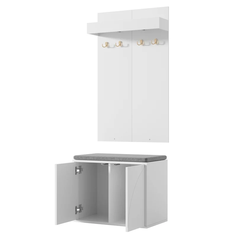 Vestiaire à l'entrée blanc compact avec banc, porte-manteaux 4 crochets et range-chaussures 60cm
