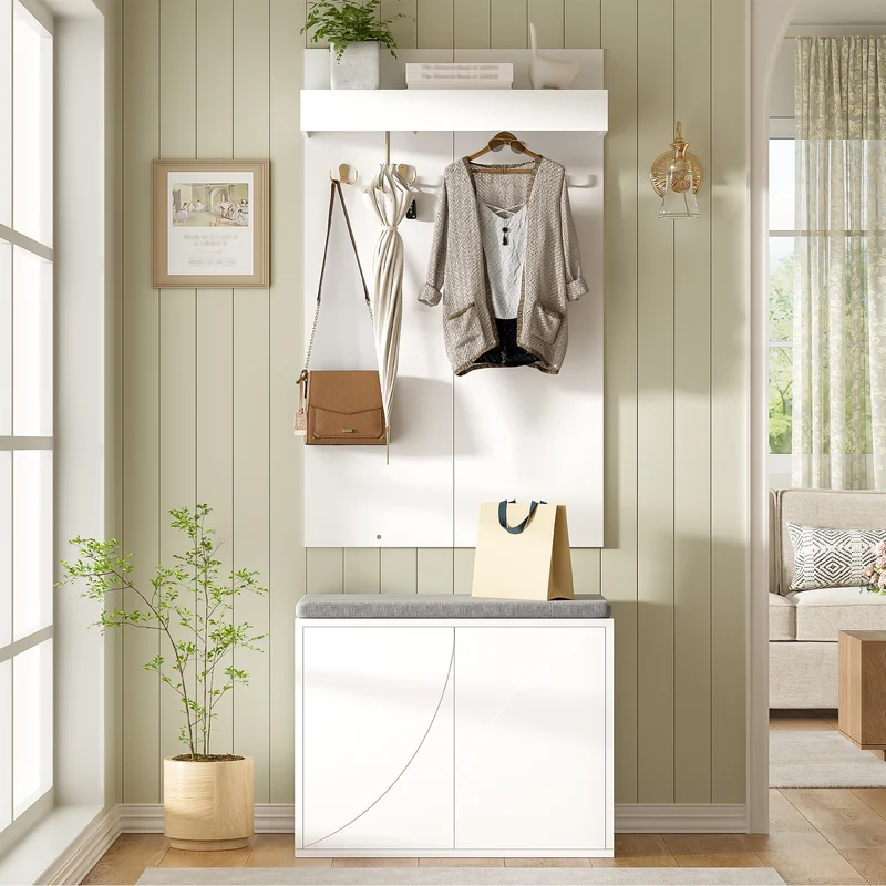 Vestiaire à l'entrée blanc compact avec banc, porte-manteaux 4 crochets et range-chaussures 60cm
