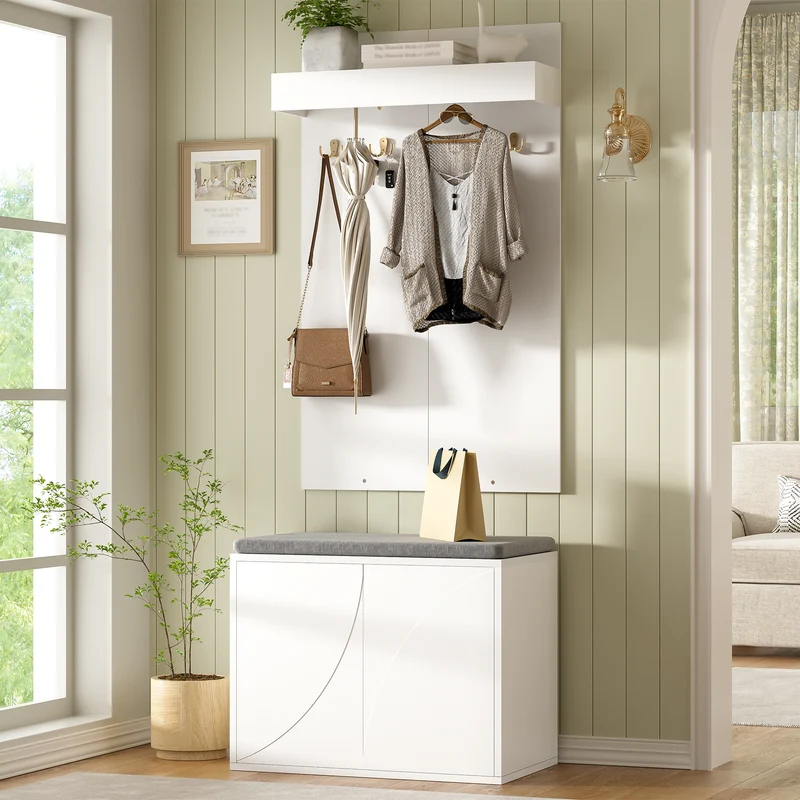 Vestiaire à l'entrée blanc compact avec banc, porte-manteaux 4 crochets et range-chaussures 60cm