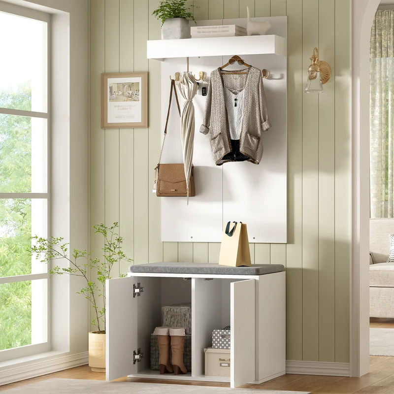 Vestiaire à l'entrée blanc compact avec banc, porte-manteaux 4 crochets et range-chaussures 60cm