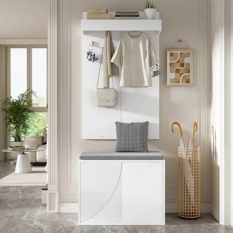 Vestiaire à l'entrée blanc compact avec banc, porte-manteaux 4 crochets et range-chaussures 60cm
