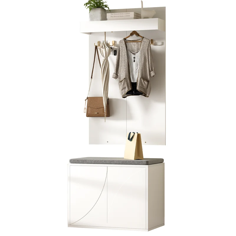 Vestiaire à l'entrée blanc compact avec banc, porte-manteaux 4 crochets et range-chaussures 60cm
