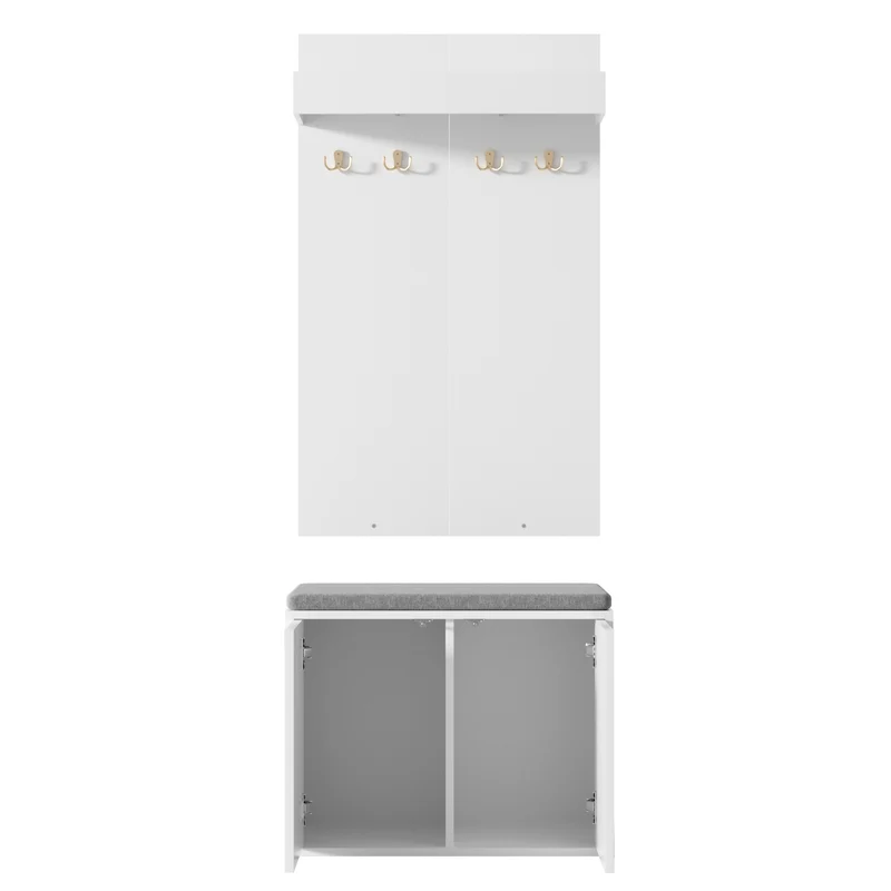Vestiaire à l'entrée blanc compact avec banc, porte-manteaux 4 crochets et range-chaussures 60cm