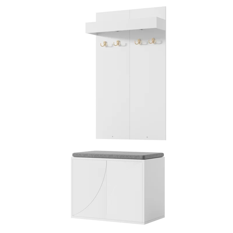 Vestiaire à l'entrée blanc compact avec banc, porte-manteaux 4 crochets et range-chaussures 60cm