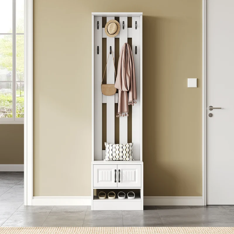 Vestiaire à l'entré blanc avec banc, porte-manteau et 8 crochets