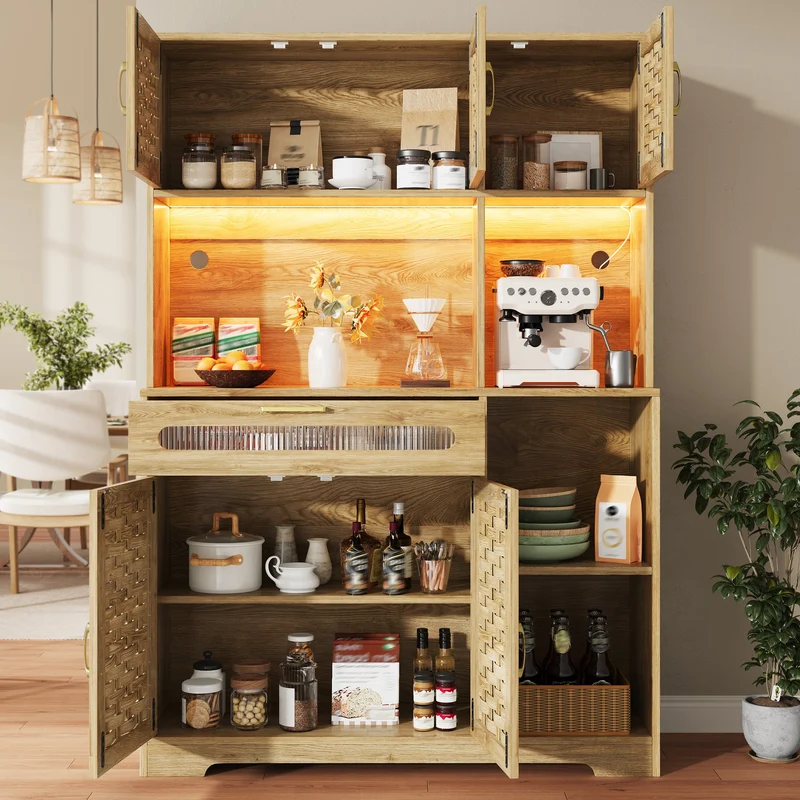Vaisselier de cuisine avec éclairage LED et design tressé, vitrine moderne avec tiroirs