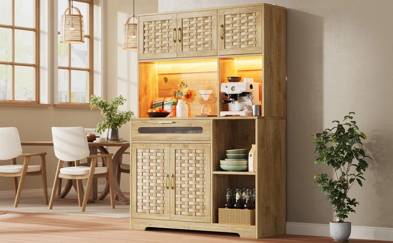 Vaisselier de cuisine avec éclairage LED et design tressé, vitrine moderne avec tiroirs