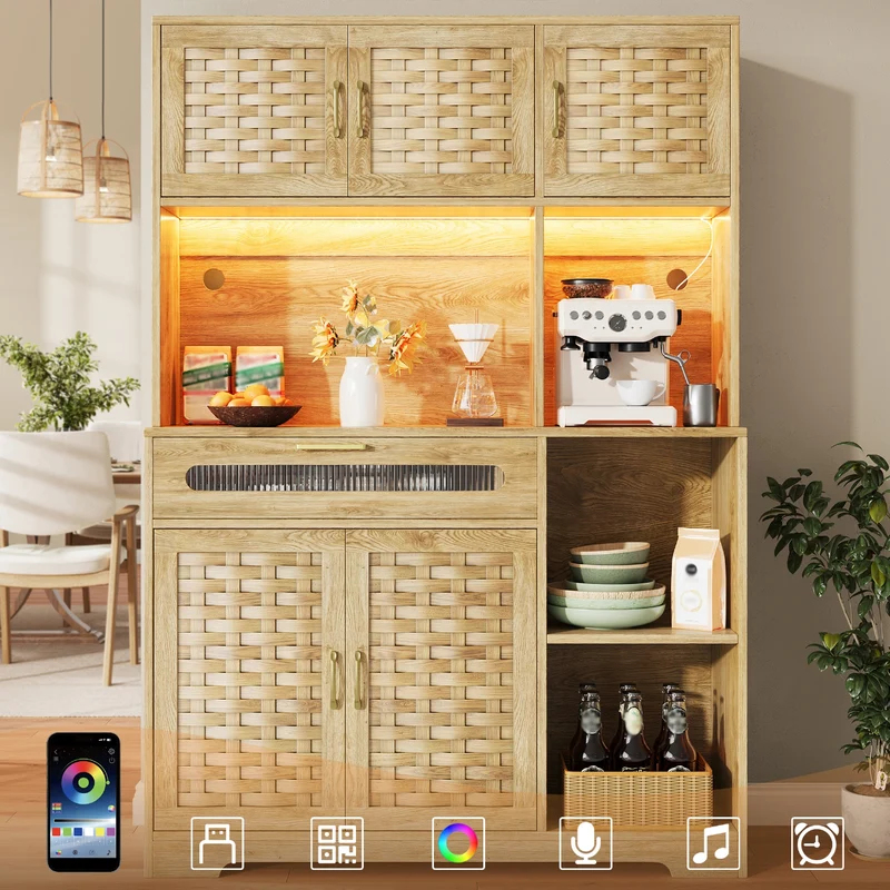 Vaisselier de cuisine avec éclairage LED et design tressé, vitrine moderne avec tiroirs