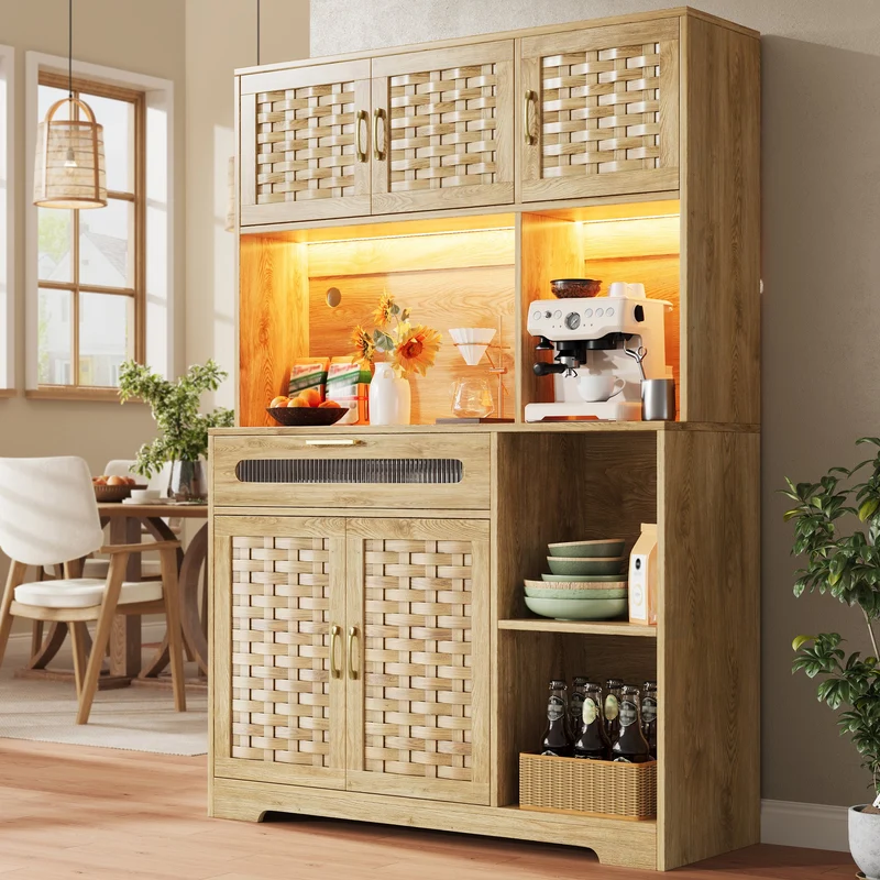 Vaisselier de cuisine avec éclairage LED et design tressé, vitrine moderne avec tiroirs