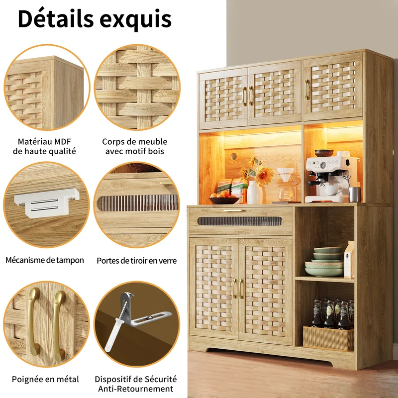 Vaisselier de cuisine avec éclairage LED et design tressé, vitrine moderne avec tiroirs