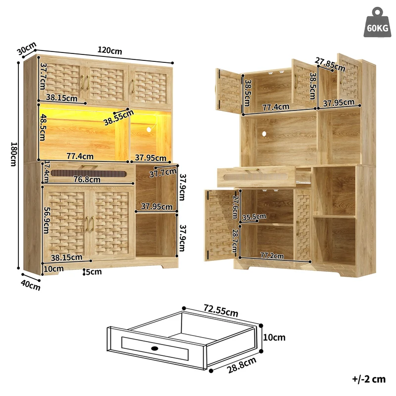 Vaisselier de cuisine avec éclairage LED et design tressé, vitrine moderne avec tiroirs