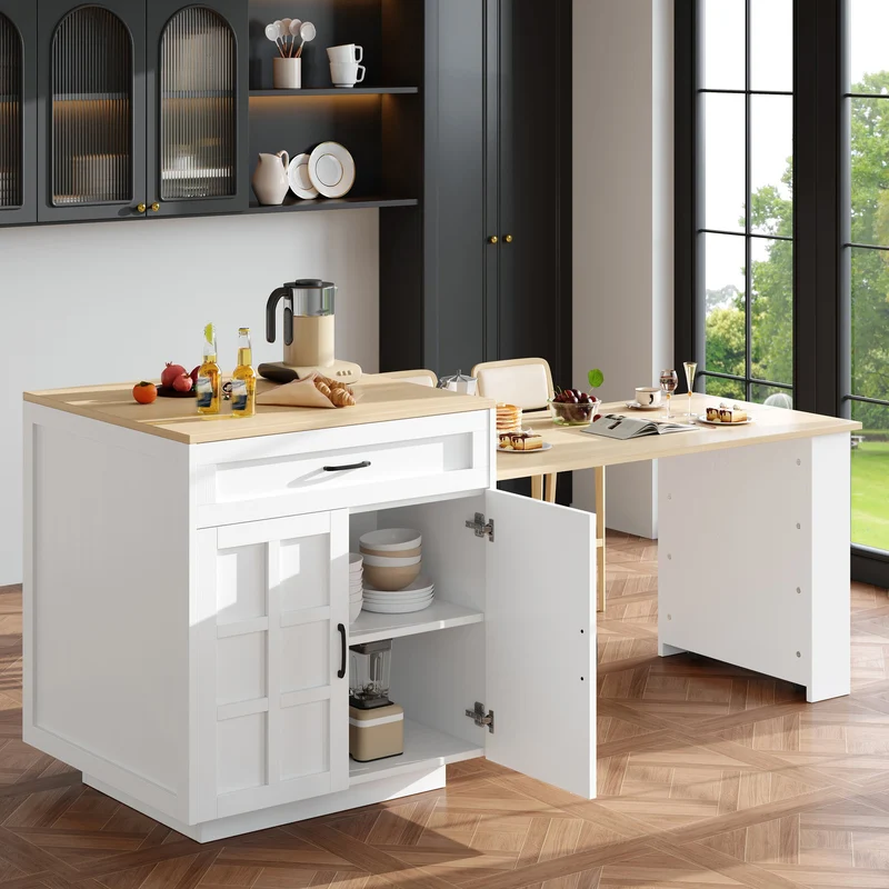 Gangliac Table de bar extensible 133-202cm MDF blanc avec rangements – Îlot de cuisine multifonction