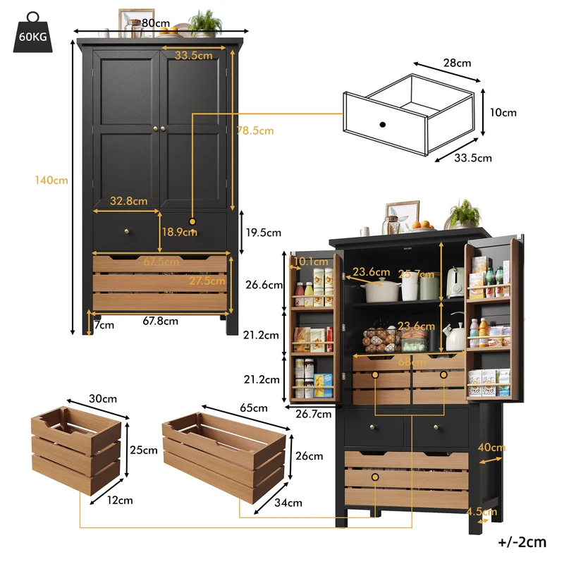 Tomomania Buffet de cuisine haut 80x40x140cm noir/blanc – Armoire de rangement multifonction en MDF, 5 tiroirs, 2 portes, style rétro moderne