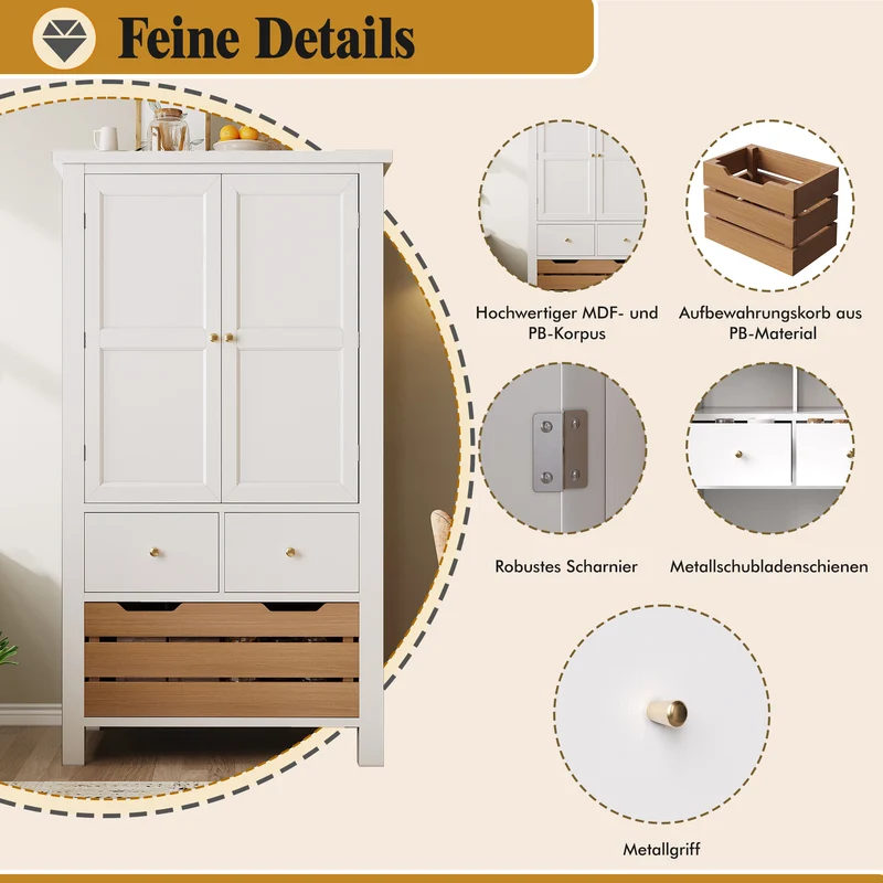 Embroidering Buffet haut de cuisine 80x40x140cm, armoire de rangement noire/blanche, 5 tiroirs, style rétro moderne, MDF robuste