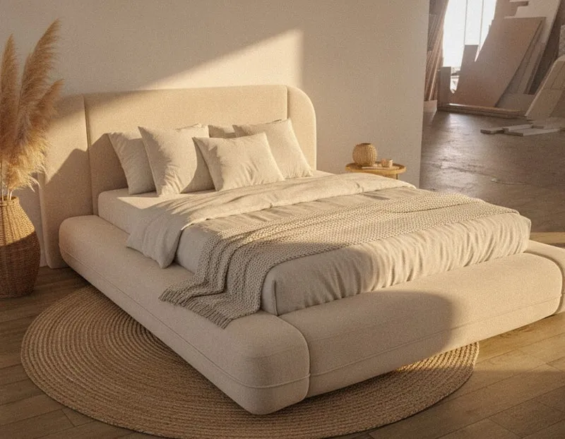 Lit Coffre Design Arrondi en Tissu Bouclé - Coffre de Rangement