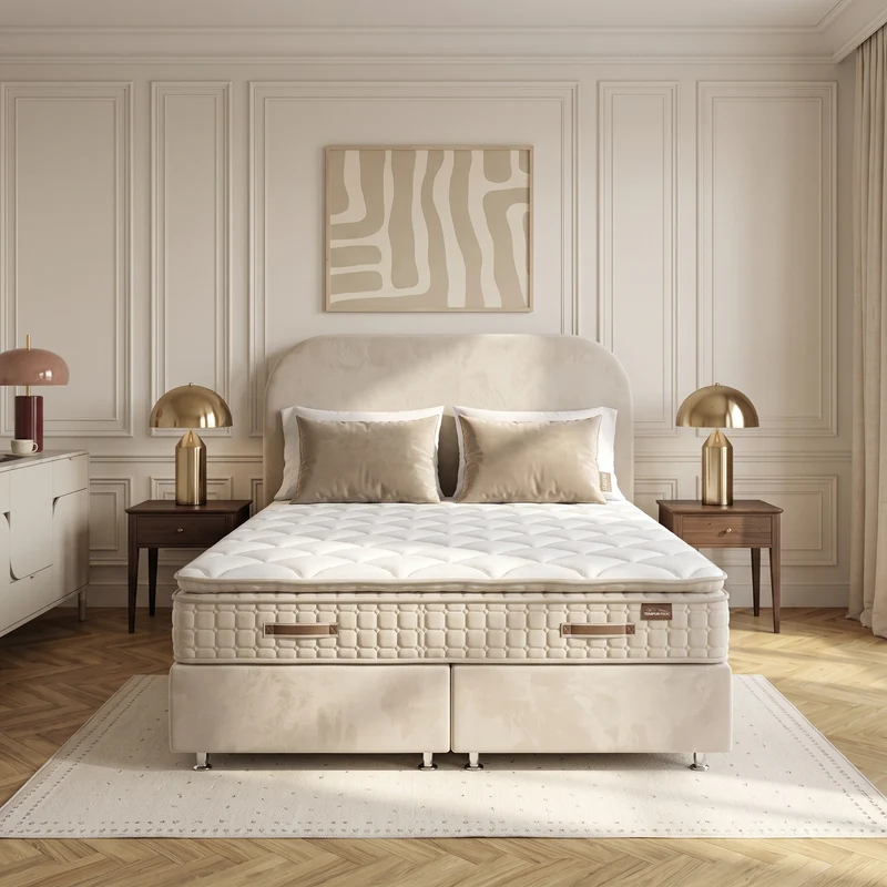 Pack Lit Coffre Jade Beige Velours Anti-Tâche + Matelas 30cm + Surmatelas Intégré + 2 Oreillers Offerts | 140x190 / 160x200 / 180x200