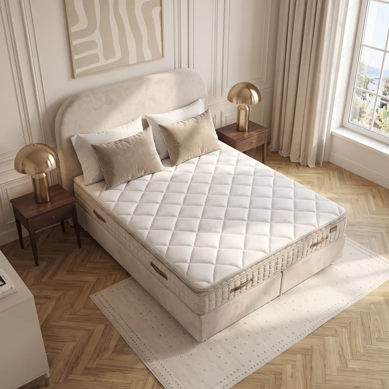 Pack Lit Coffre Jade Beige Velours Anti-Tâche + Matelas 30cm + Surmatelas Intégré + 2 Oreillers Offerts | 140x190 / 160x200 / 180x200