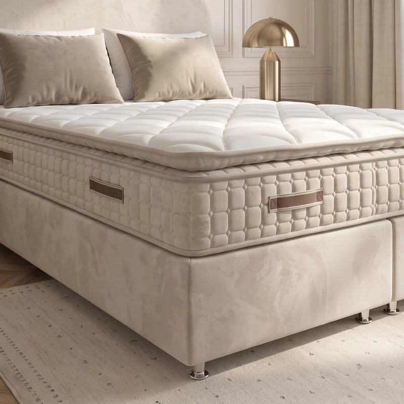 Pack Lit Coffre Jade Beige Velours Anti-Tâche + Matelas 30cm + Surmatelas Intégré + 2 Oreillers Offerts | 140x190 / 160x200 / 180x200