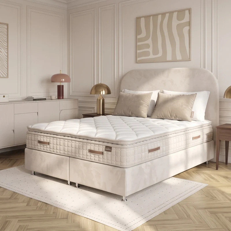 Pack Lit Coffre Jade Beige Velours Anti-Tâche + Matelas 30cm + Surmatelas Intégré + 2 Oreillers Offerts | 140x190 / 160x200 / 180x200