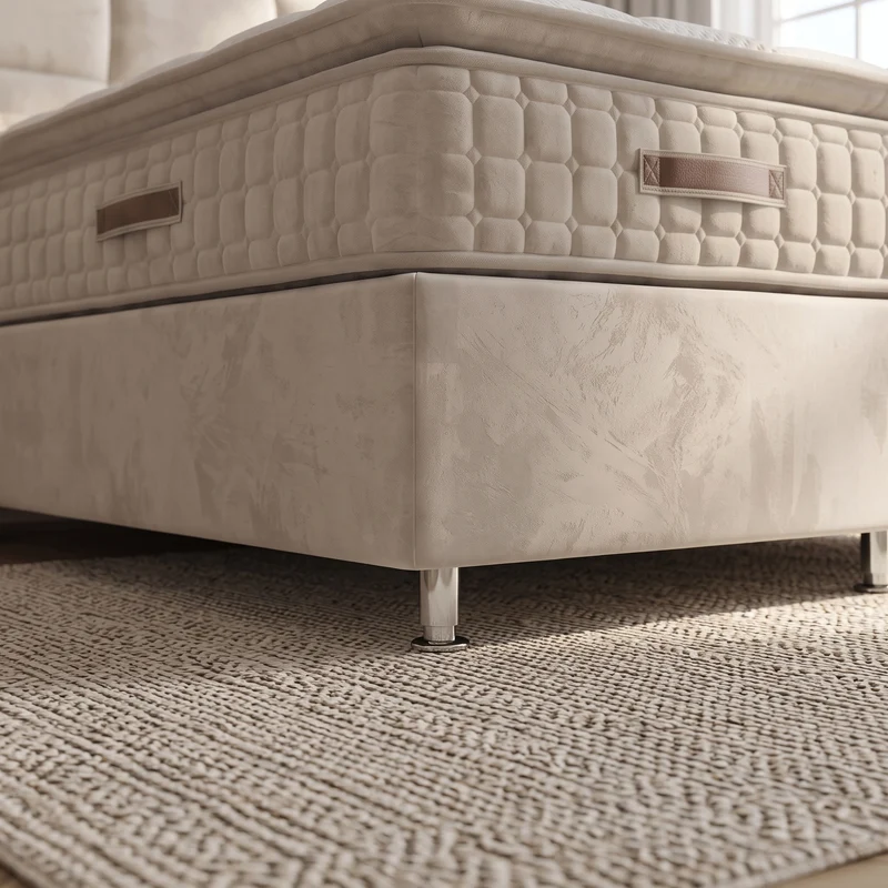 Pack Lit Coffre Jade Beige Velours Anti-Tâche + Matelas 30cm + Surmatelas Intégré + 2 Oreillers Offerts | 140x190 / 160x200 / 180x200