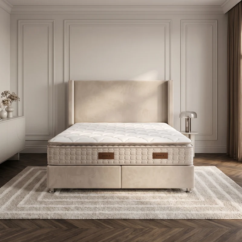 Pack Lit Coffre Coco Beige Velours Anti-Tâche + Matelas 30cm + Surmatelas Intégré + 2 Oreillers Offerts | 140x190 / 160x200 / 180x200