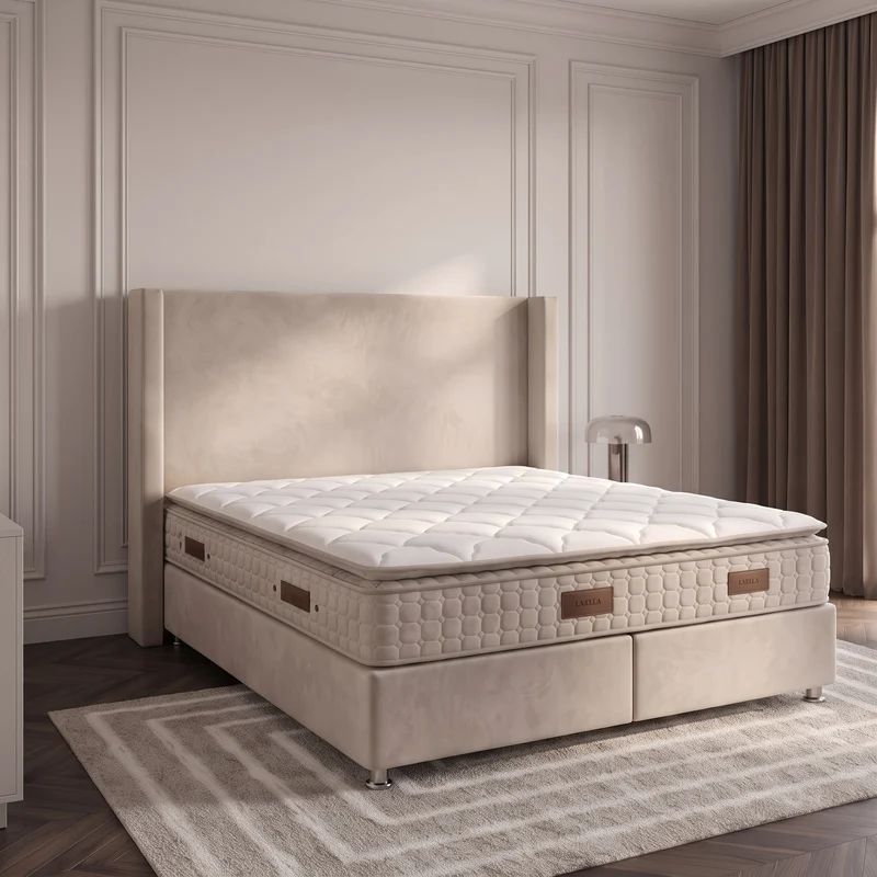 Pack Lit Coffre Coco Beige Velours Anti-Tâche + Matelas 30cm + Surmatelas Intégré + 2 Oreillers Offerts | 140x190 / 160x200 / 180x200
