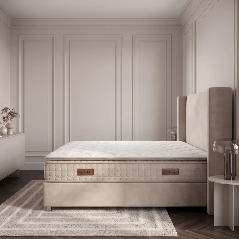 Pack Lit Coffre Coco Beige Velours Anti-Tâche + Matelas 30cm + Surmatelas Intégré + 2 Oreillers Offerts | 140x190 / 160x200 / 180x200
