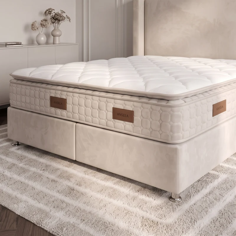 Pack Lit Coffre Coco Beige Velours Anti-Tâche + Matelas 30cm + Surmatelas Intégré + 2 Oreillers Offerts | 140x190 / 160x200 / 180x200