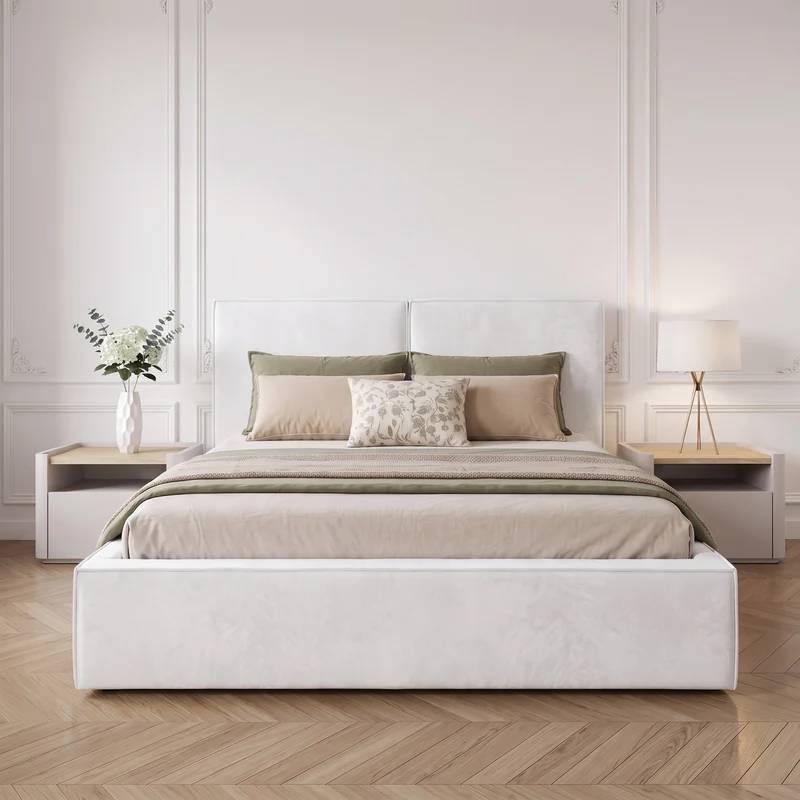 Lit Coffre Cuba Velours Blanc Anti-Tache – Design Moderne avec Rangement | 140x190, 160x200, 180x200