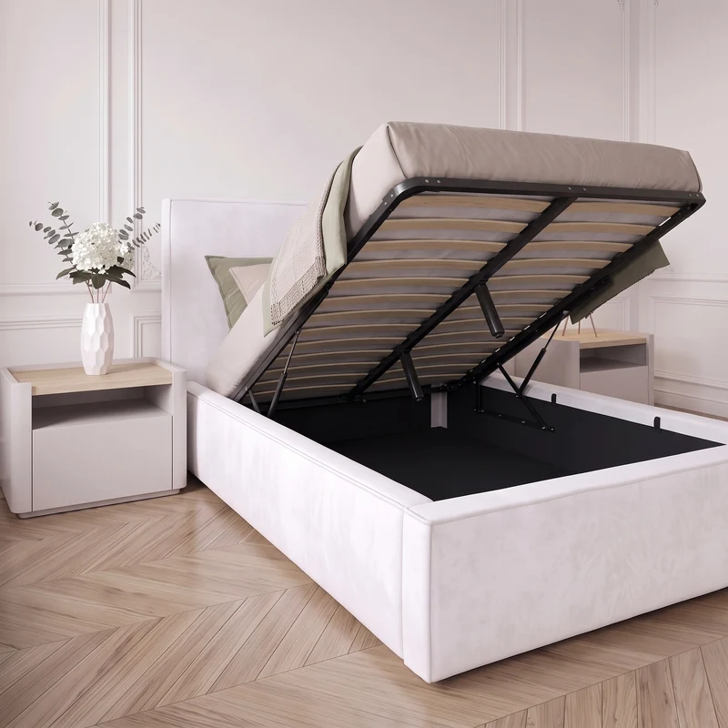Lit Coffre Cuba Velours Blanc Anti-Tache – Design Moderne avec Rangement | 140x190, 160x200, 180x200