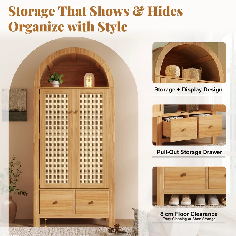 Uneccentrically Armoire 181x78x45 cm en bois chêne avec portes en rotin, style campagne, 2 tiroirs et penderie
