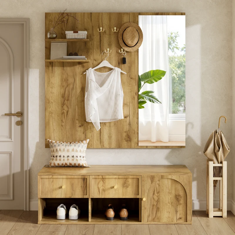 Vestiaire à l'entrée effet bois et miroir avec banc et rangement à chaussures 120cm SCREENMAX