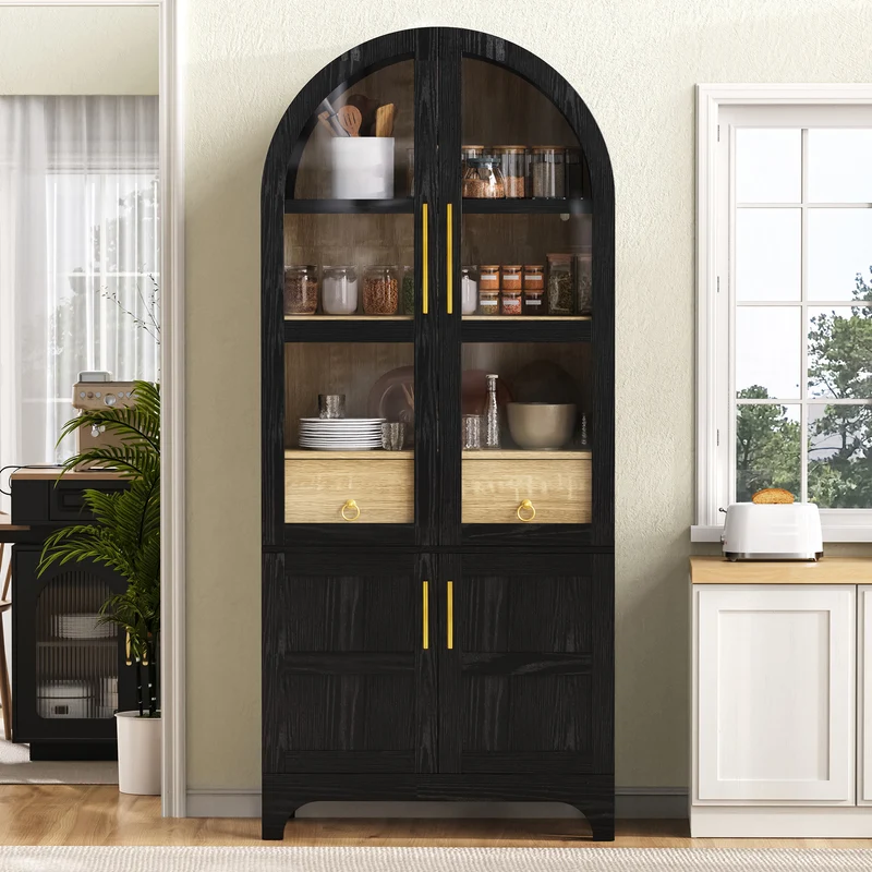 Armoire noire forme arche en verre cannelé rangement élégant 76×40×180cm RUSTICPINEONE