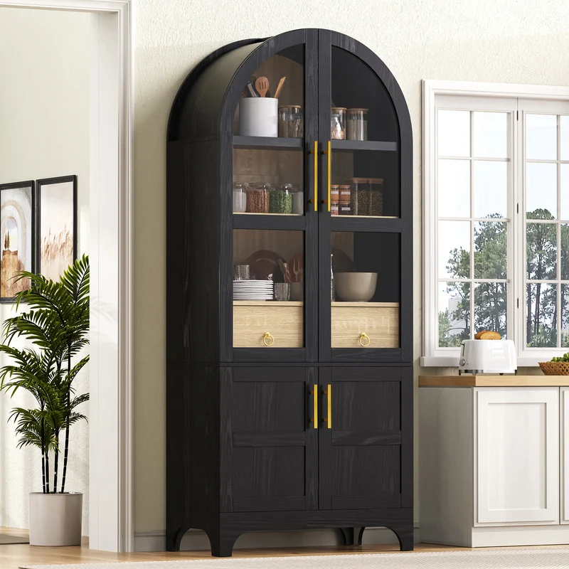 Armoire noire forme arche en verre cannelé rangement élégant 76×40×180cm RUSTICPINEONE