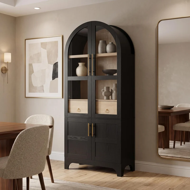Armoire noire forme arche en verre cannelé rangement élégant 76×40×180cm RUSTICPINEONE
