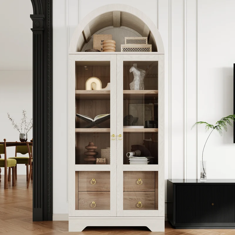 Armoire blanche forme arche en verre cannelé rangement élégant 76×40×180cm RUSTICPLANTSET
