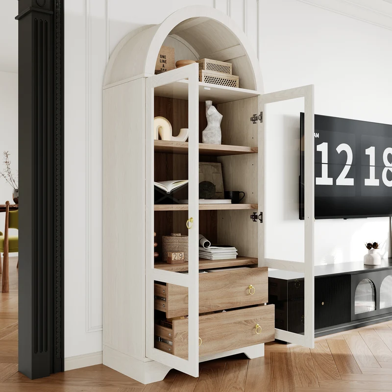 Armoire blanche forme arche en verre cannelé rangement élégant 76×40×180cm RUSTICPLANTSET