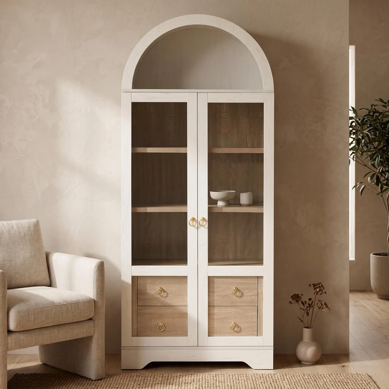 Armoire blanche forme arche en verre cannelé rangement élégant 76×40×180cm RUSTICPLANTSET